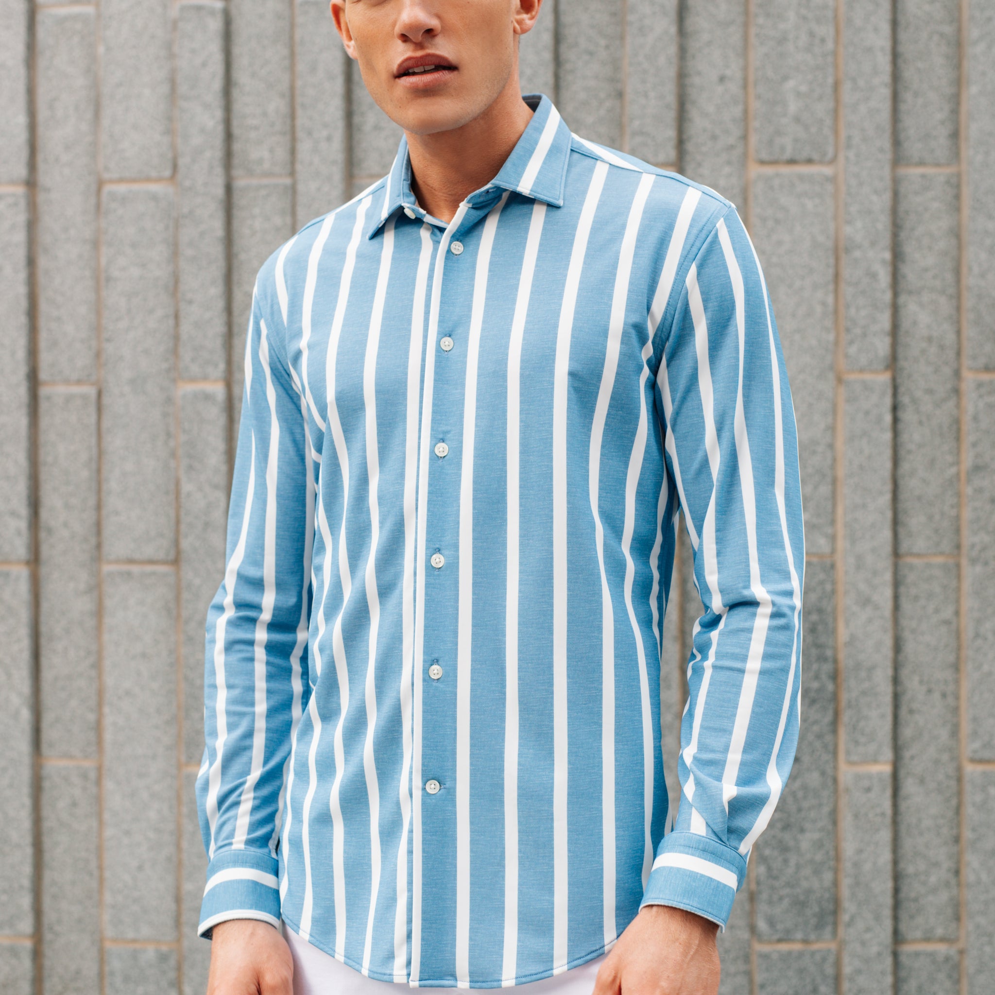 The Riviera Stripe Tech Shirt Mens Stretch Knit Dress Shirt The Riviera Stripe Tech Shirt Mens Stretch Knit Dress Shirt