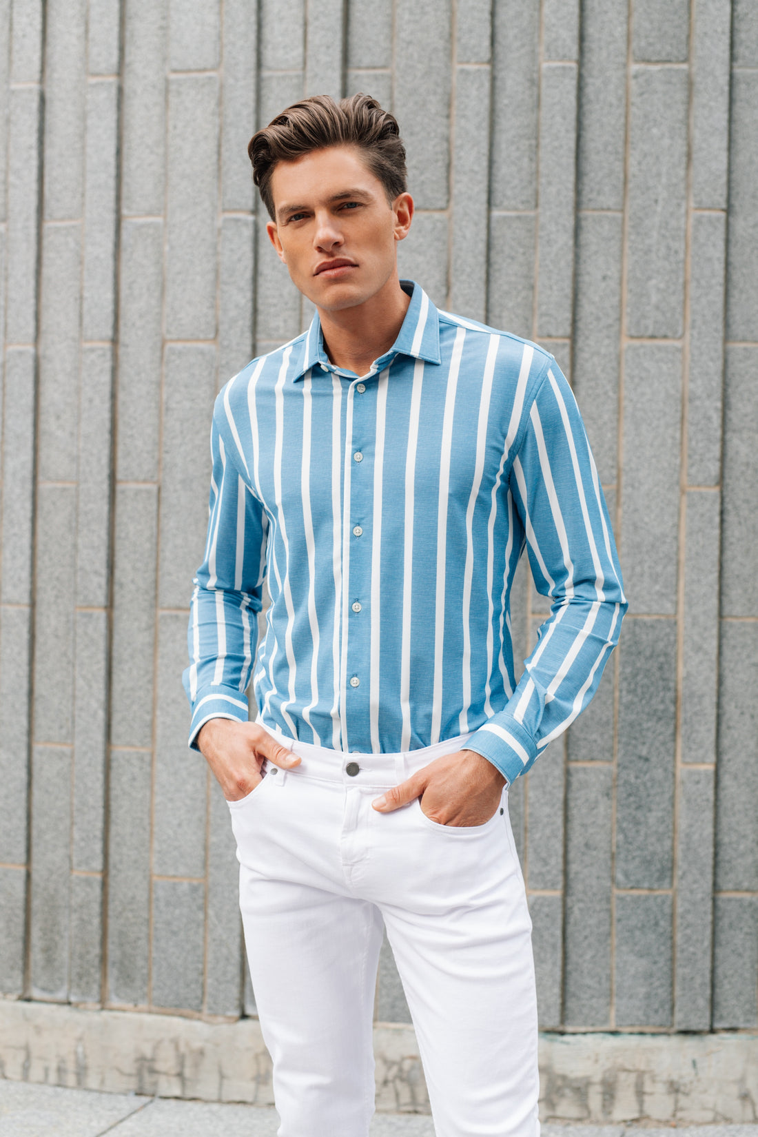 Light Blue Striped Nylon Blend Shirt