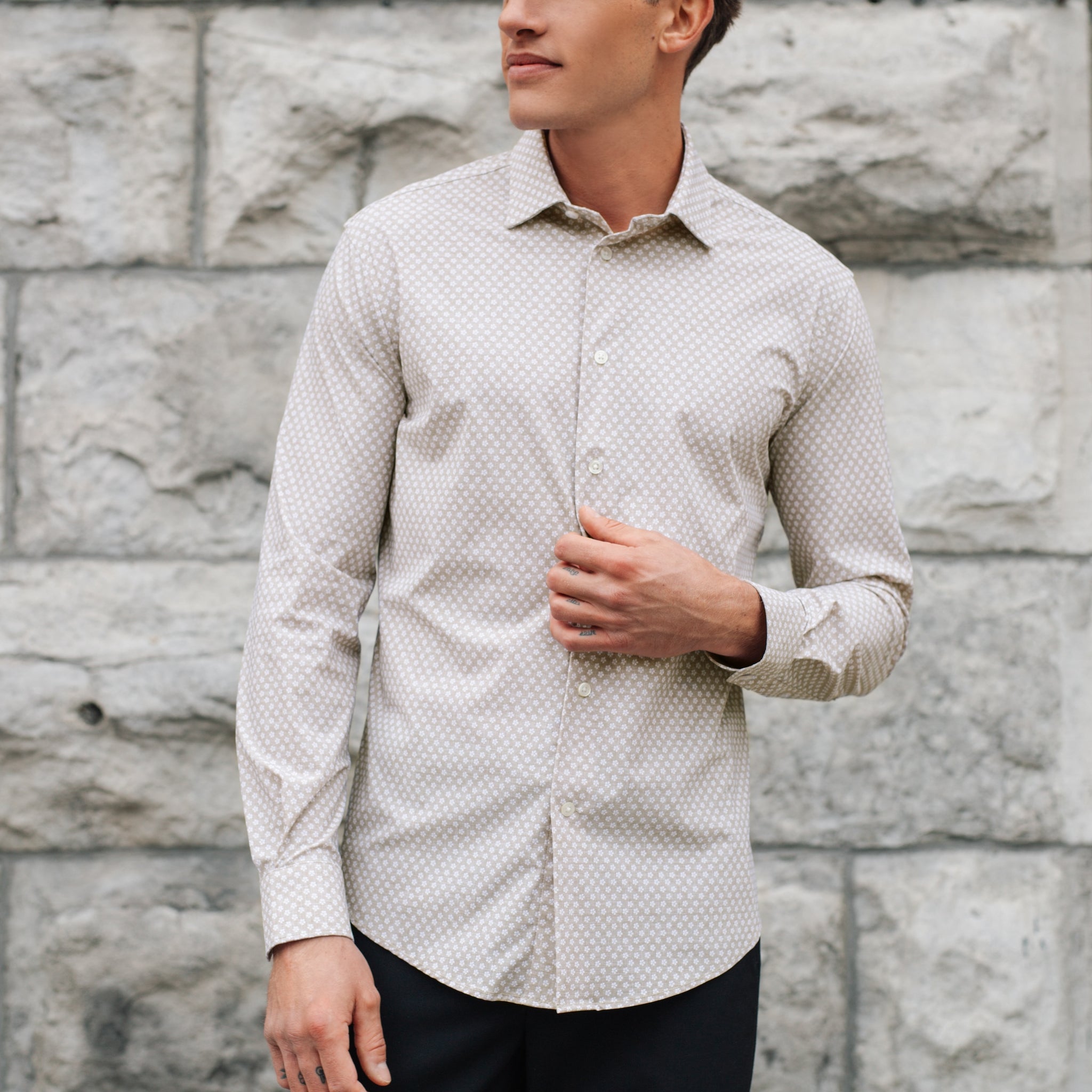 Tan Floral Nylon Blend Shirt