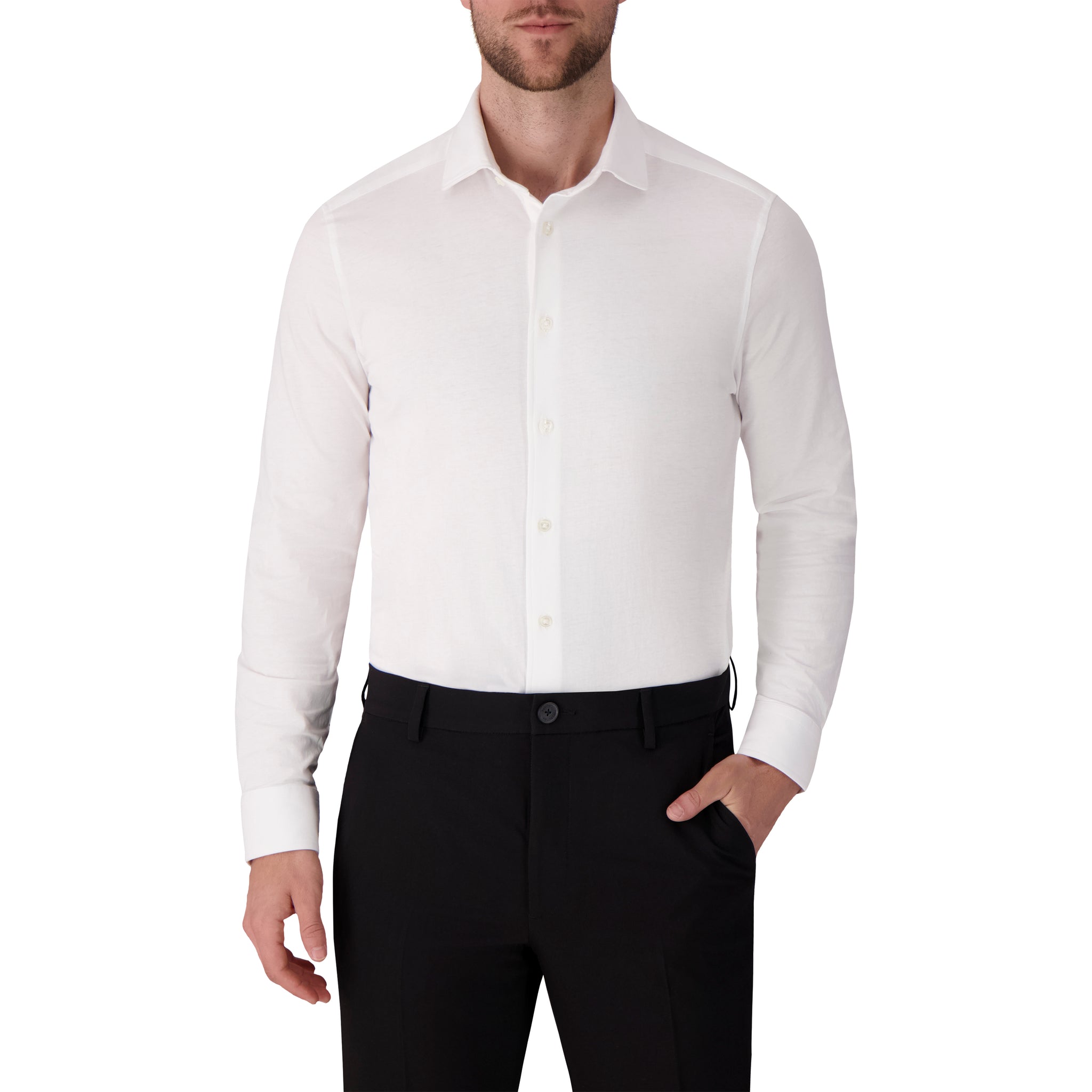 Men's Formal Slim Fit White Long Sleeves Knit Cotton Shirt