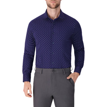 Men’s Long Sleeve Geo Cotton Shirt – Knit Fabric, Smart Collar