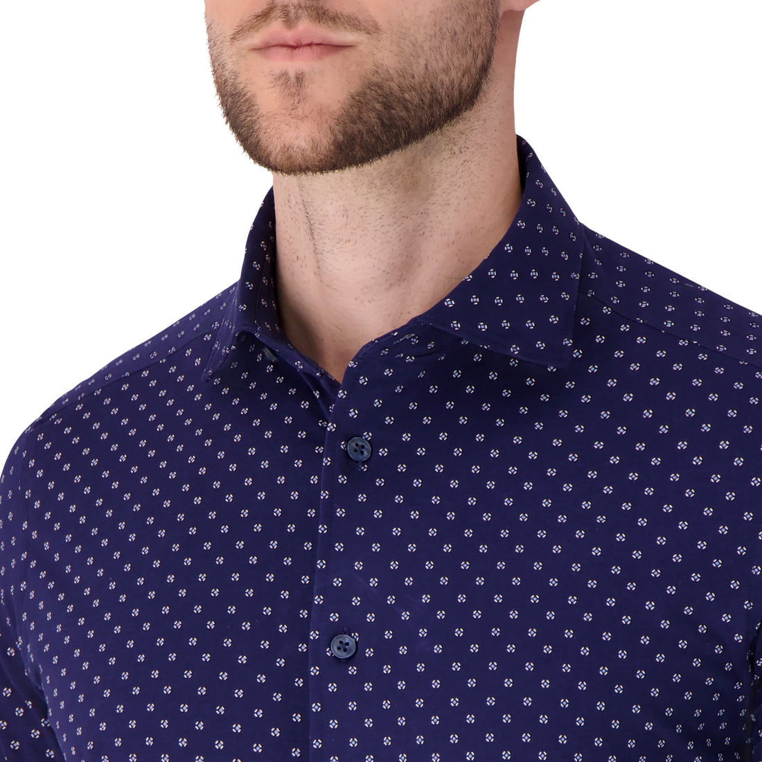 Men’s Long Sleeve Geo Cotton Shirt – Knit Fabric, Smart Collar