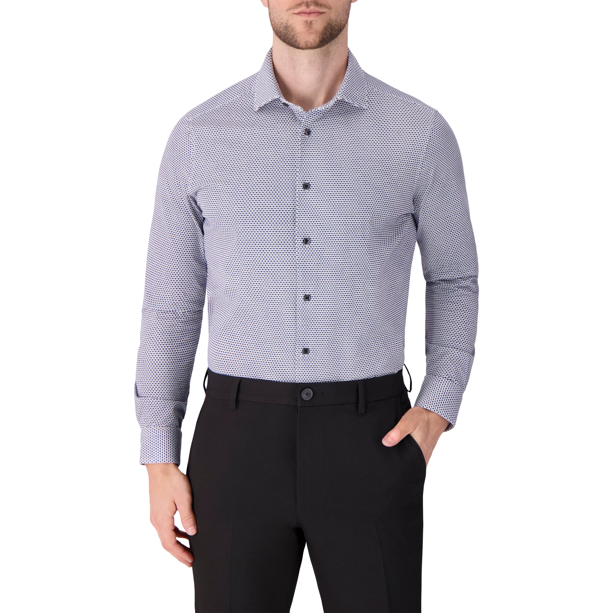 Men's Breathable Cotton Knit Dress Shirt in Navy Geo Print