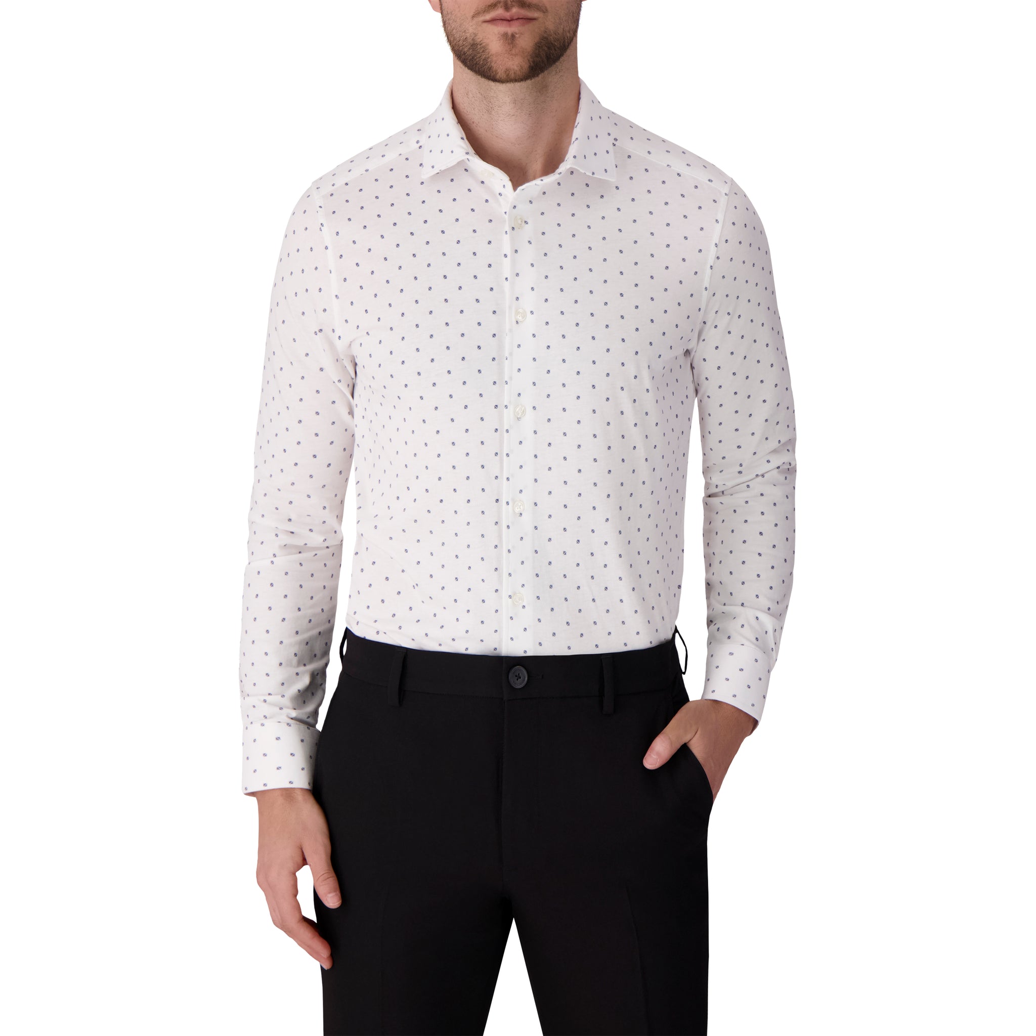 Men’s White Geo Print Cotton Knit Long Sleeve Shirt
